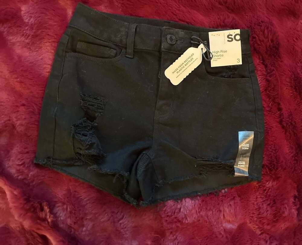 SO High Rise Shortie Destructed Black Denim Shorts Sz3/26 A563